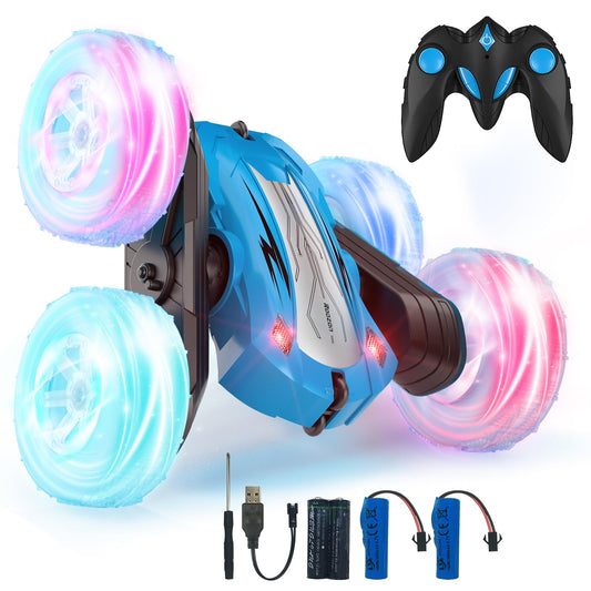 Rodzon Voiture Télécommandée Enfant, 360°Rotation Camion Cascadeuse avec Feux de Roue, 2.4GHz RC Voiture Radiocommandee Jeux Extérieur Jouet Cadeau pour Garçon Fille 3-12 Ans, 2 x Batterie (Bleu)
