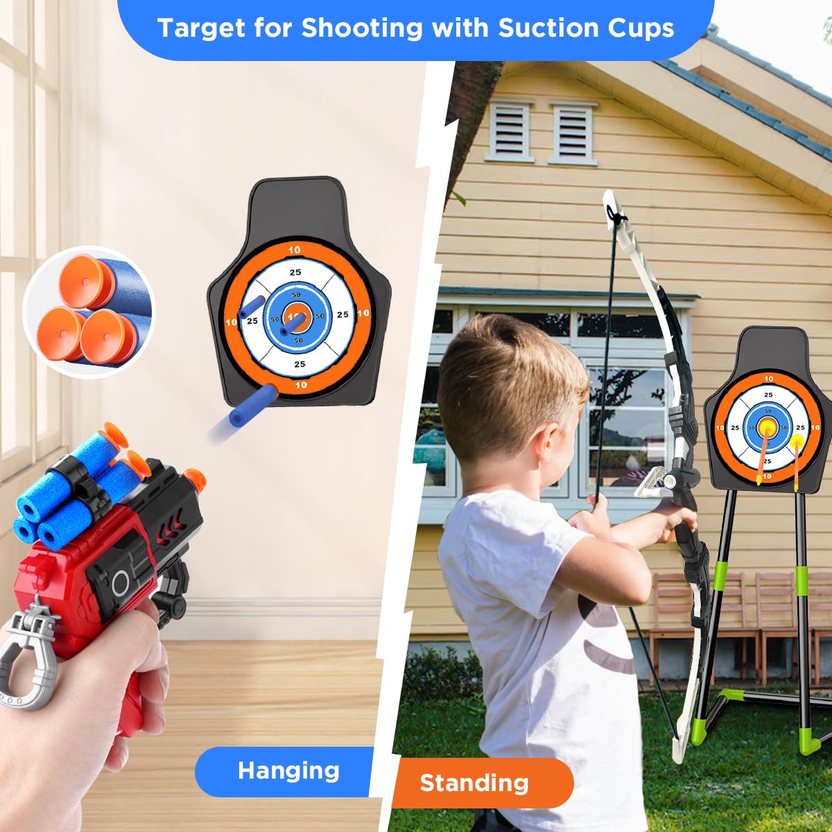 VATOS 2 Pack Arc et Flèche Jouet pour 3-12 Ans Garçons Filles, Jouet de Tir à l'arc Lumineux avec Coupe Suction Cible Debout & 29 in Dart Board, Jouets d'Activité d'Intérieur et d'Extérieur Cadeau