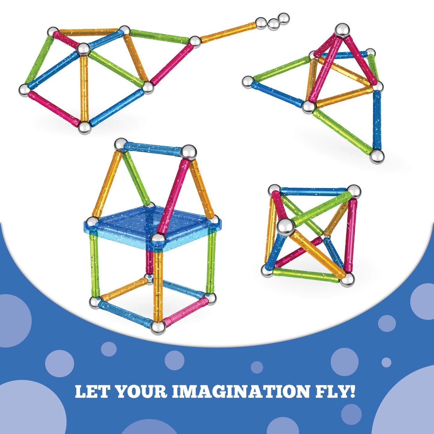 GEOMAG - CLASSIC GLITTER 30 Pièces - Jeu Construction Magnétique Pailleté pour Enfants dès 3-4 Ans- Fabrication Suisse - 13 Tiges Colorées à Paillettes, 16 Billes, 1 Base Construction -Jeux Aimanté