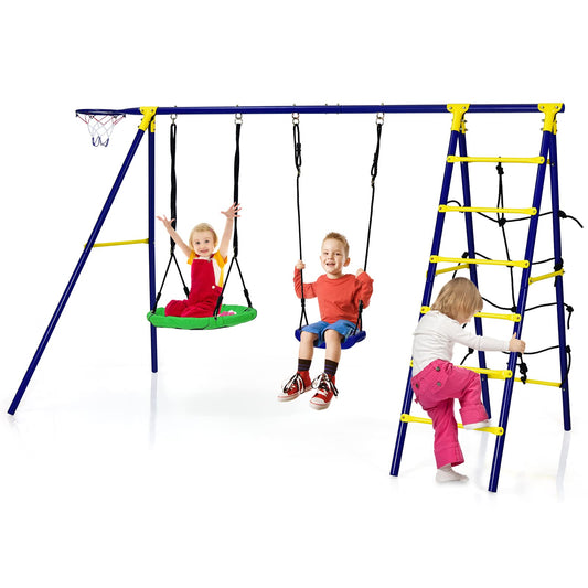 COSTWAY 5 en 1 Balançoire Enfants Extérieur avec Panier de Basket, Balançoire Nid d'Oiseau Ø66 cm et en U avec Hauteur Réglable, Filet & Echelle d’Escalade, Charge 75kg pour 3-12 Ans