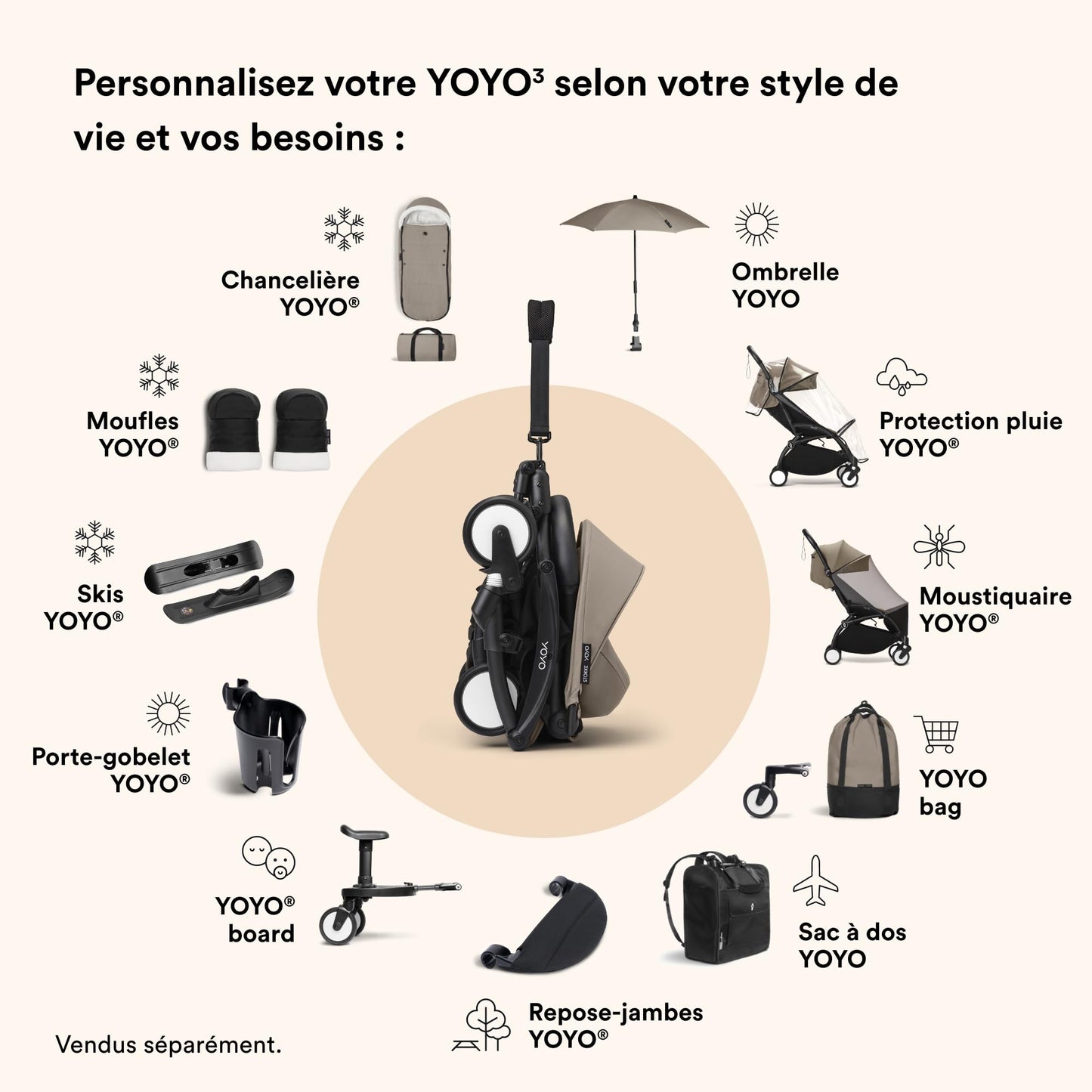 Poussette Stokke YOYO3 6+ - Cadre blanc + pack couleur 6+ taupe + capote - Pliage facile, légère et compacte - Compatible bagage cabine