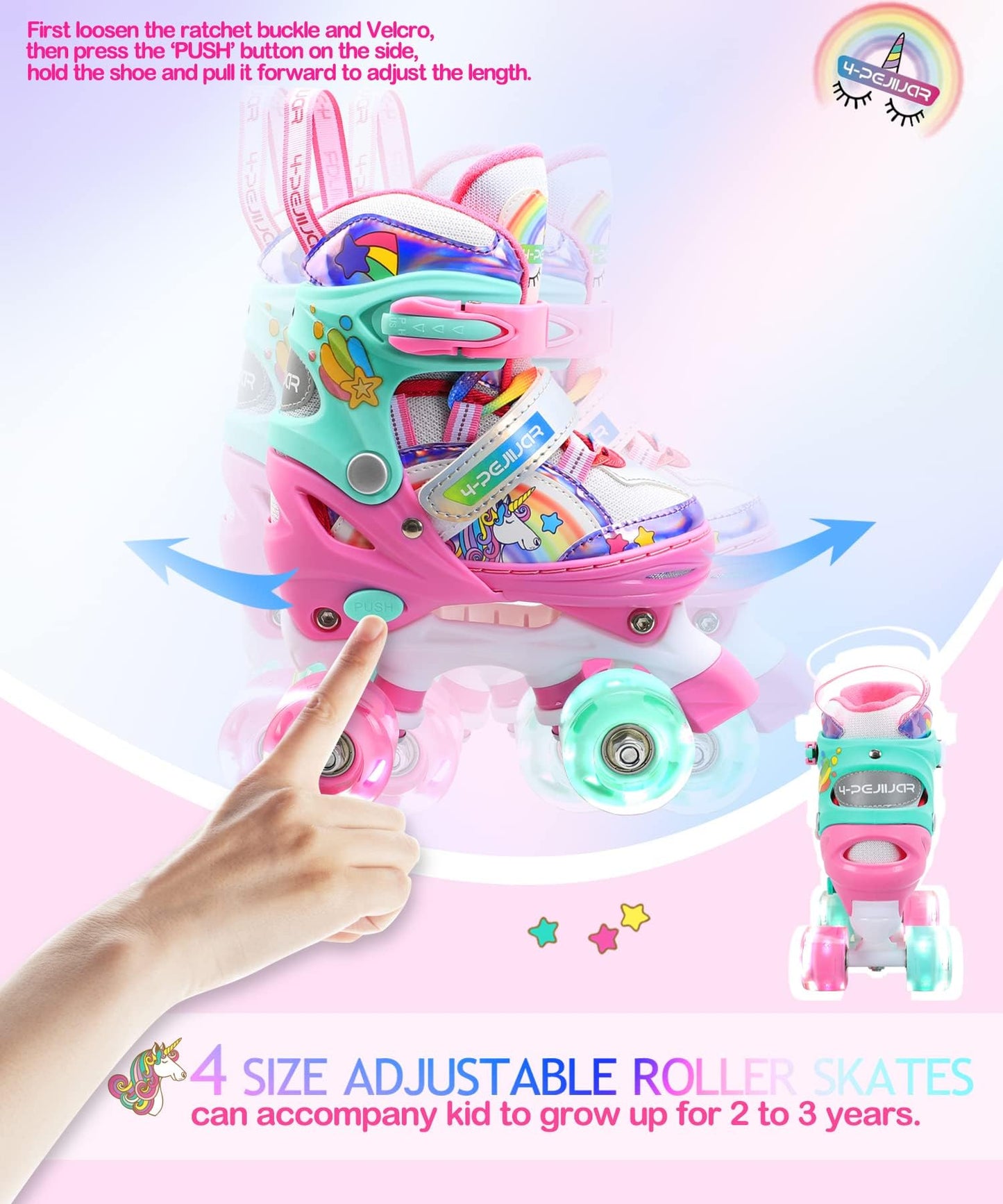 Patins à roulettes Licorne Enfants Rollers Quad Réglable Patins à roulettes Lumineux Taille Réglable pour Filles Garçons Débutants