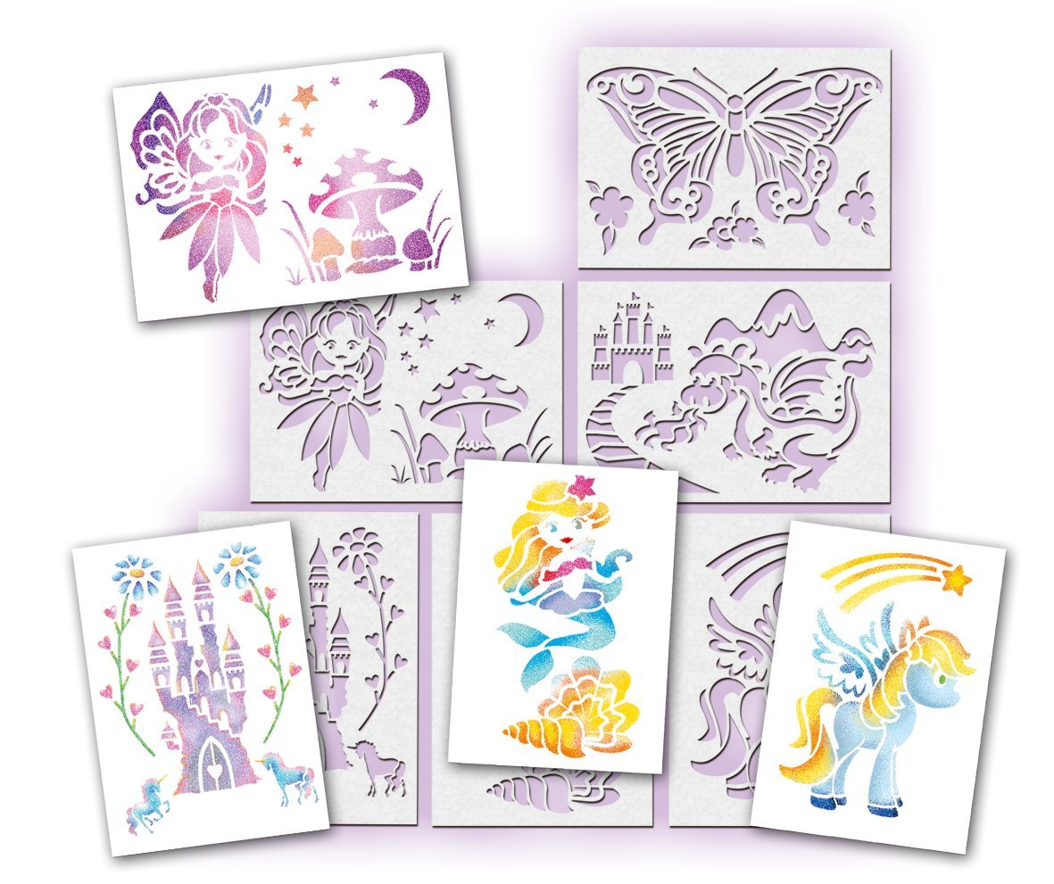 BLOPENS - Set Activités Féeriques - Feutres de Coloriage À Souffler Avec Pochoirs Réutilisables - Idée Cadeau Enfants dès 5 Ans - Kit Création Dessins Fées, Licornes & Sirènes Pailletées - Lansay