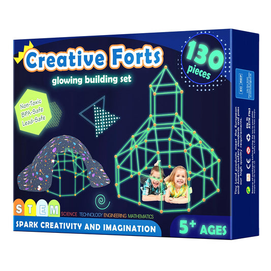 Kit de Construction de Fort pour Enfants - Brillent dans Le Noir 130 PCS Jouet Fort créatif pour garçon et Fille de 5+ Ans - Jouets de Construction STEM Châteaux de DIY Tente de Jeu Tour de fusée