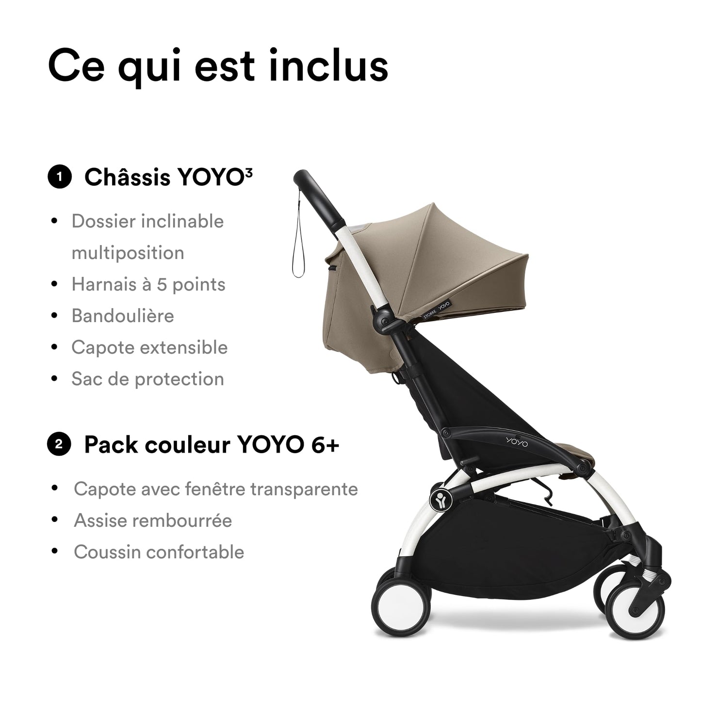 Poussette Stokke YOYO3 6+ - Cadre blanc + pack couleur 6+ taupe + capote - Pliage facile, légère et compacte - Compatible bagage cabine