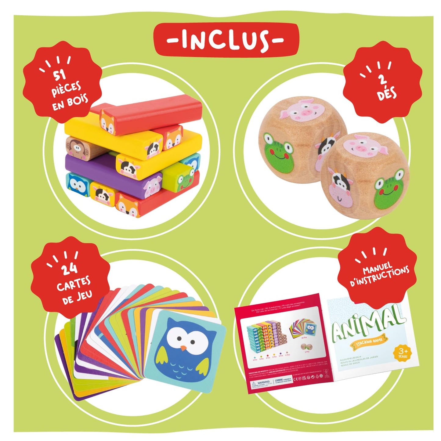 Nene Toys Tour 4 en 1 en Bois avec des Couleurs et Animaux - Jeu de Société Educatif pour Garçons et Filles De 3 à 9 Ans - Idéal comme Cadeau à Partager Entre Parents et Enfants