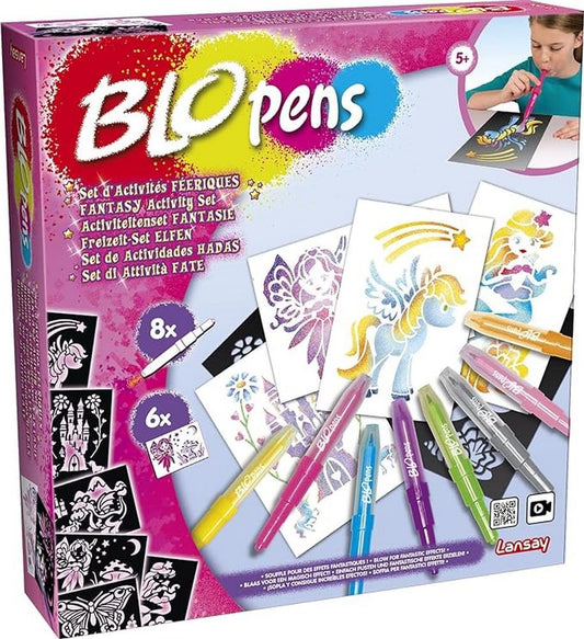 BLOPENS - Set Activités Féeriques - Feutres de Coloriage À Souffler Avec Pochoirs Réutilisables - Idée Cadeau Enfants dès 5 Ans - Kit Création Dessins Fées, Licornes & Sirènes Pailletées - Lansay