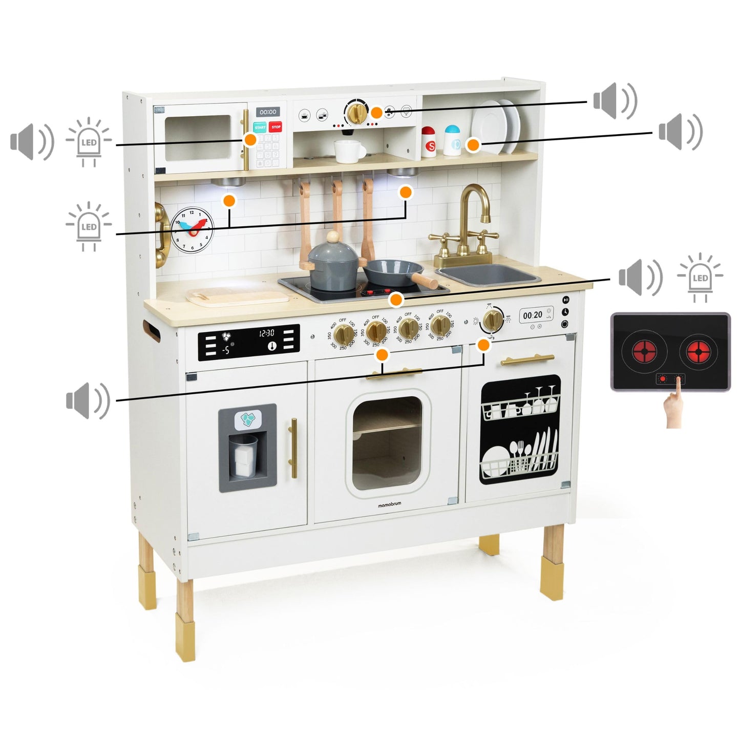 Mamabrum Cuisine Enfant en Bois avec Éclairage LED, Cuisine Jouet Interactive XXL avec Micro-Ondes, Lave-Vaisselle, Machine à Café, Four, Évier, Robinet et Accessoires