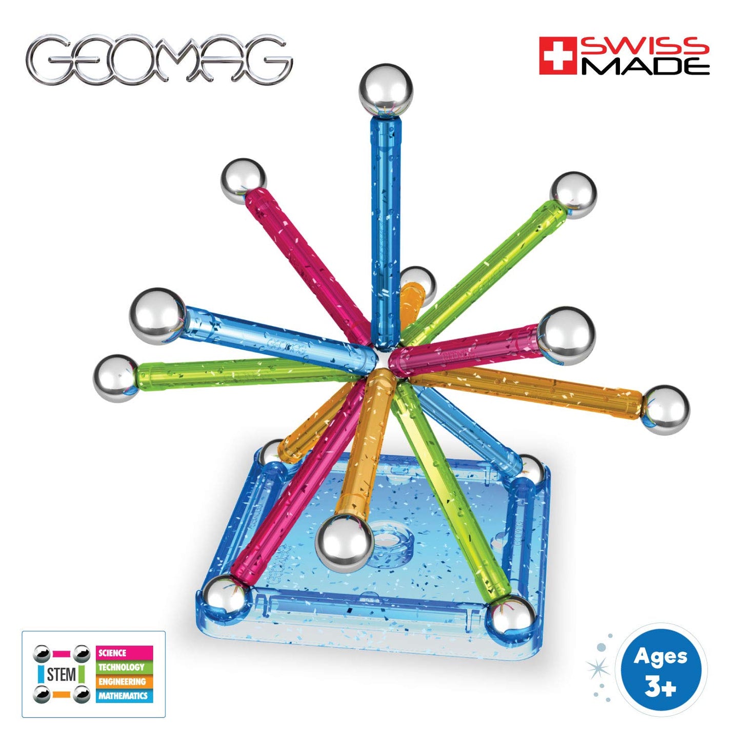 GEOMAG - CLASSIC GLITTER 30 Pièces - Jeu Construction Magnétique Pailleté pour Enfants dès 3-4 Ans- Fabrication Suisse - 13 Tiges Colorées à Paillettes, 16 Billes, 1 Base Construction -Jeux Aimanté