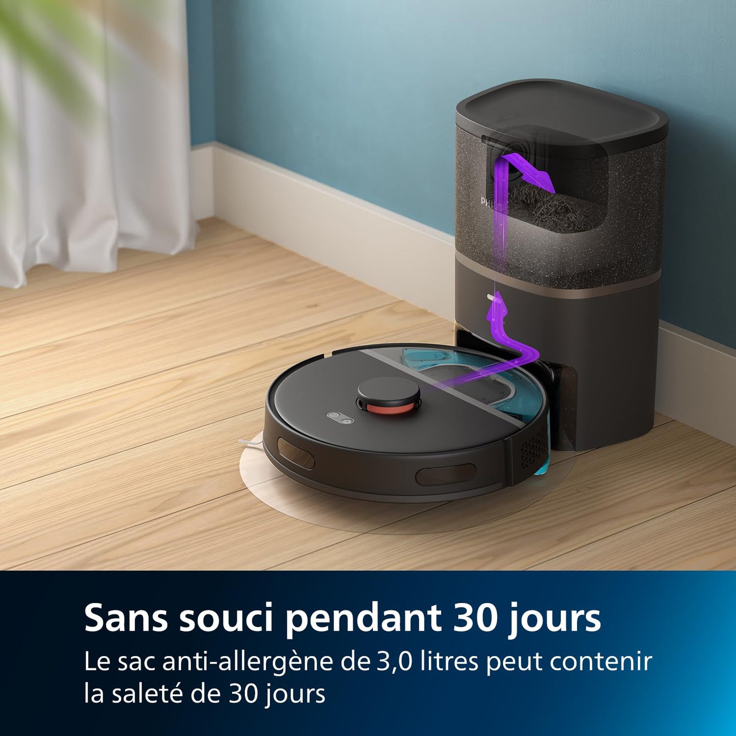 Philips Robot Aspiration/Lavage Homerun Série 3000, Haute Puissance d'aspiration (4000 Pa), Navigation Laser, Autonomie 200 Min, Station de vidage Auto, Aspirateur-Robot, App, Noir (XU3100/01)