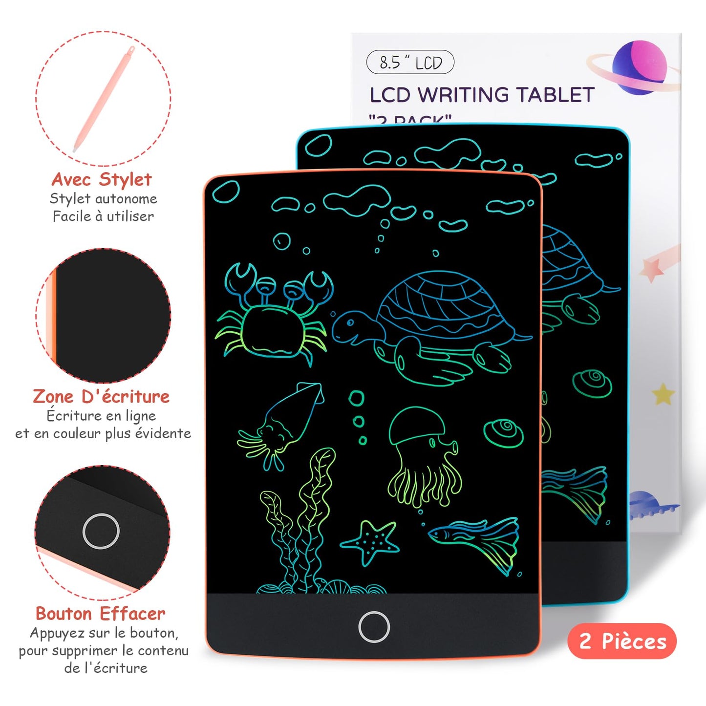 Topfree Tablette Dessin, 8,5 Pouces Tablette d'écriture LCD Colorée, Ardoise Magique, Lot de 2 Enfant 2 3 4 5 6 7 ans Filles et Garçons Cadeau D'anniversaire pour Les Enfants