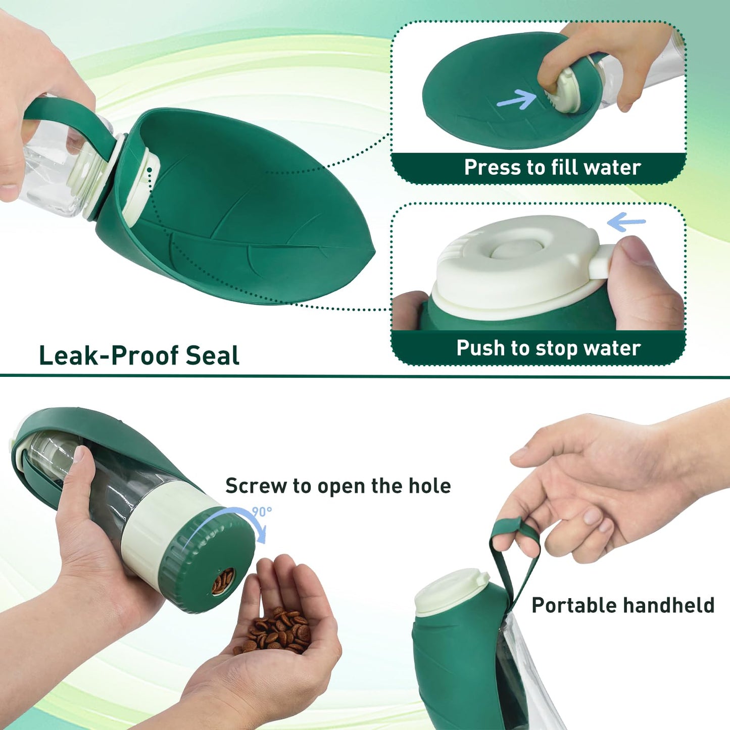 Blanlody Gourde pour Chien - Anti-Fuite - Grande Taille - 600 ML + Distributeur de Nourriture de 190 ML - pour Chien et Chat en déplacement, Voyage et Anniversaire (Vert, 600ml)