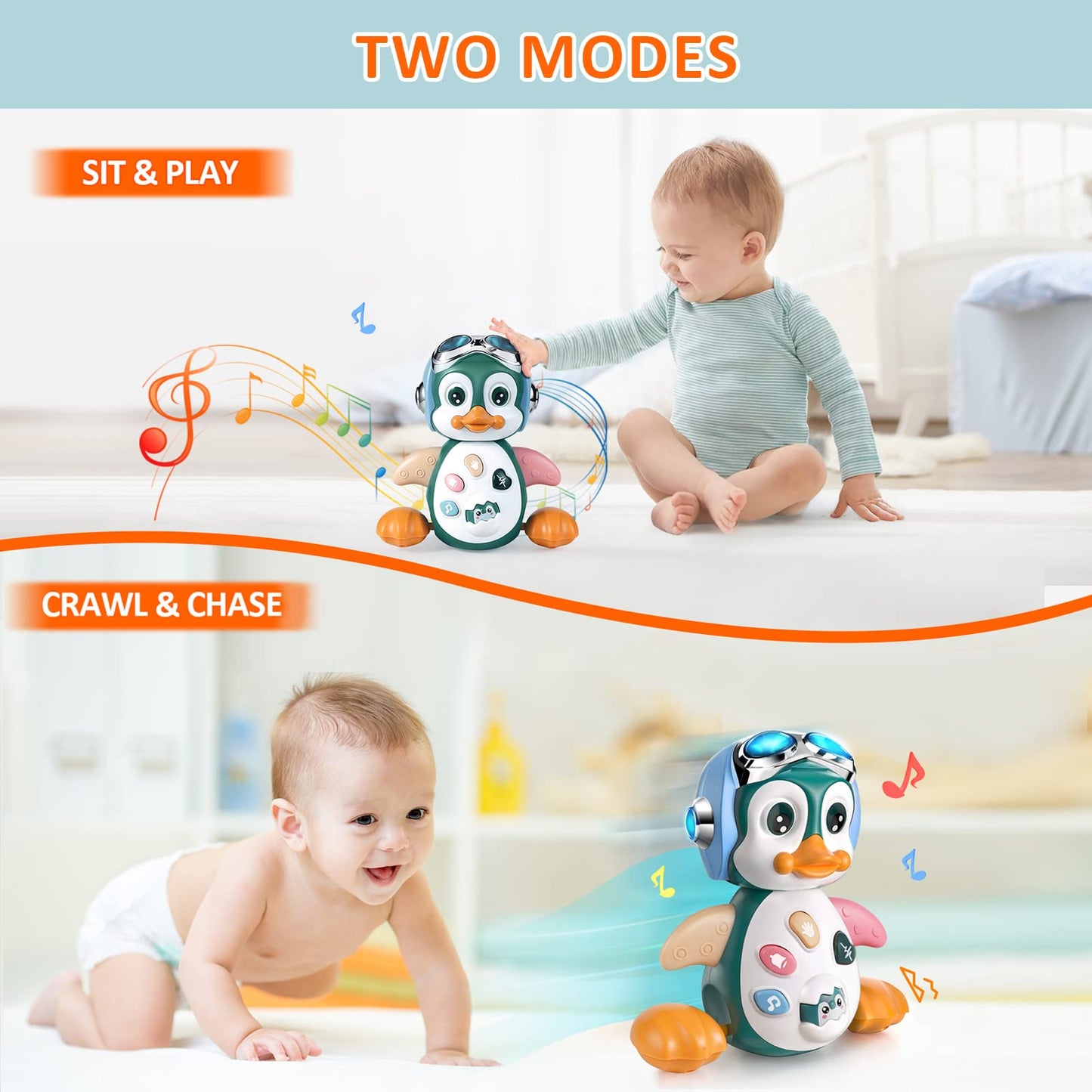 MOONTOY Jouet Musical Enfant 1 an, Rampants avec Musique et lumières,Jouet pour Bébé Pingouin 6-12 Mois, Jouet éducatif d’éveil pour Garçon Fille,Cadeaux Jouet Précoces 6 9 12 24 Mois