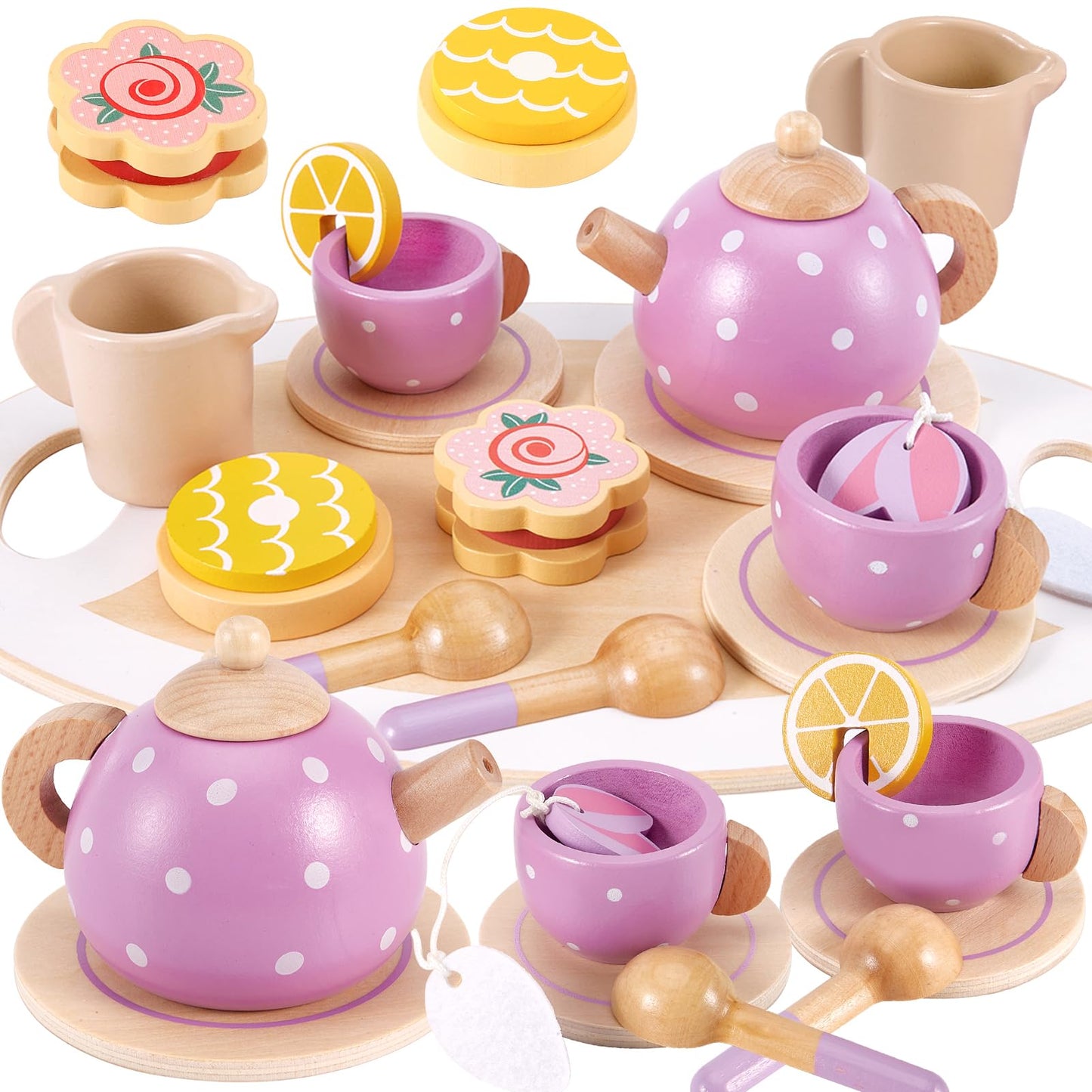 AOLEVA Service à Thé Jouets Cuisine en Bois pour Enfants, Dînette Enfant Cuisine Accessoire ave Plateau Anniversaire Cadeau pour Enfants Filles Garçons 3 4 5 an