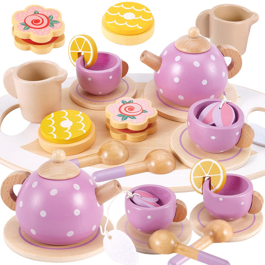 AOLEVA Service à Thé Jouets Cuisine en Bois pour Enfants, Dînette Enfant Cuisine Accessoire ave Plateau Anniversaire Cadeau pour Enfants Filles Garçons 3 4 5 an