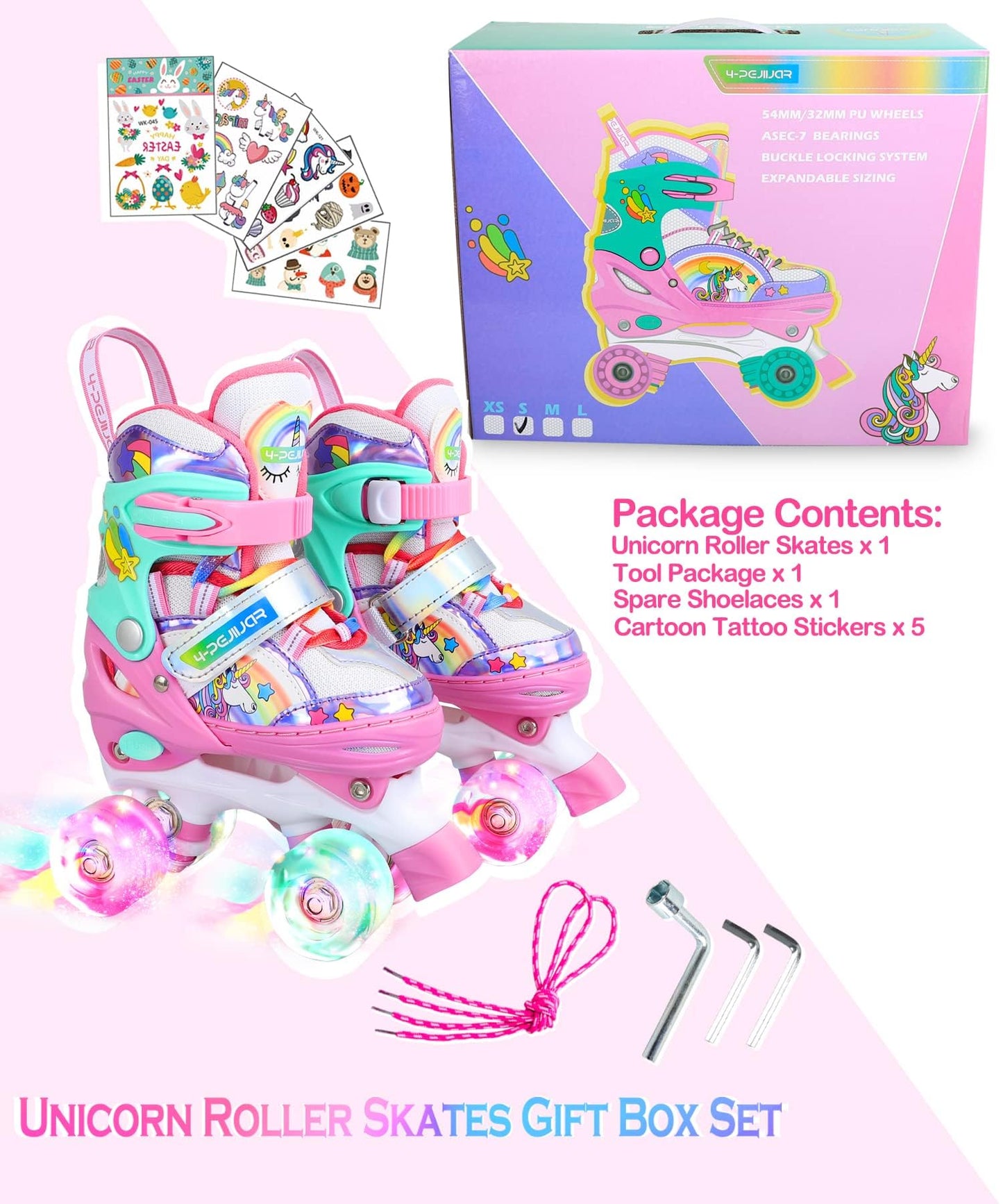 Patins à roulettes Licorne Enfants Rollers Quad Réglable Patins à roulettes Lumineux Taille Réglable pour Filles Garçons Débutants