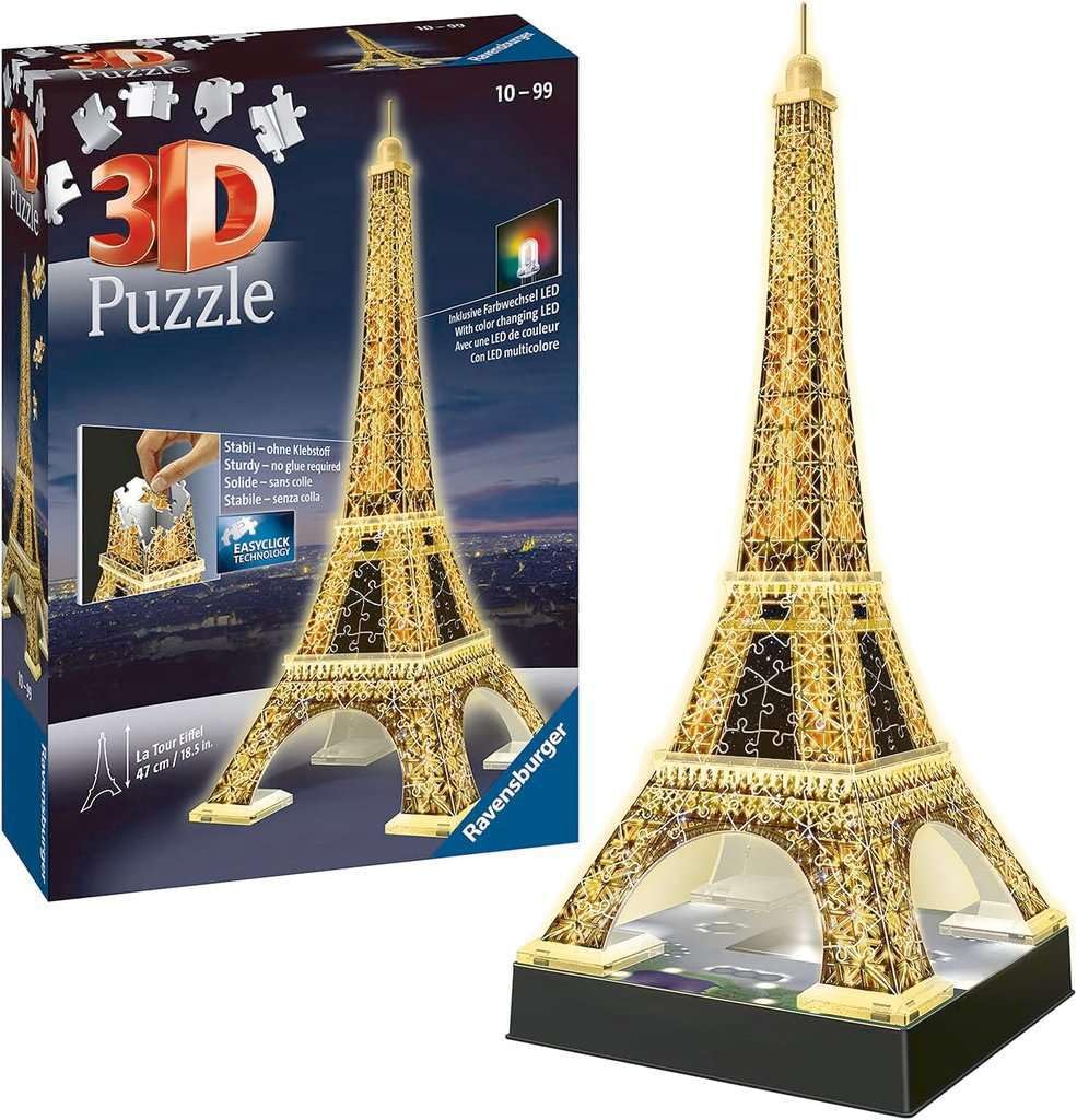 Ravensburger - Puzzle 3D Building - Tour Eiffel illuminée - A partir de 10 ans - 226 pièces numérotées à assembler sans colle - Accessoires de finition inclus - 12579
