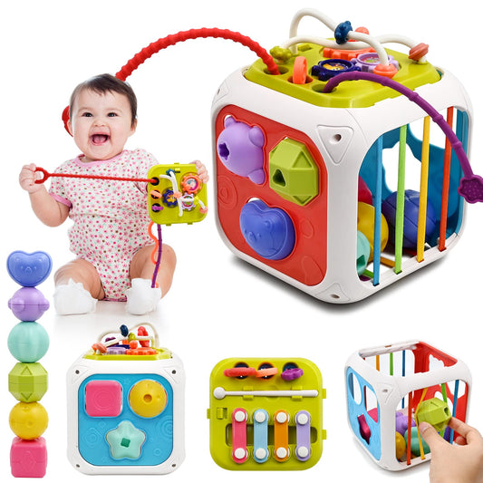 Jouet Bebe 1 2 An, 7 in 1 Montessori Sensoriel Jouets pour Bebe 6 9 12 18 Mois Naissance Fille Garcon, Cadeau Educatif Motricité Cube d'activité Jeux pour Enfants 1 2 Ans Anniversaire Noël Cadeau