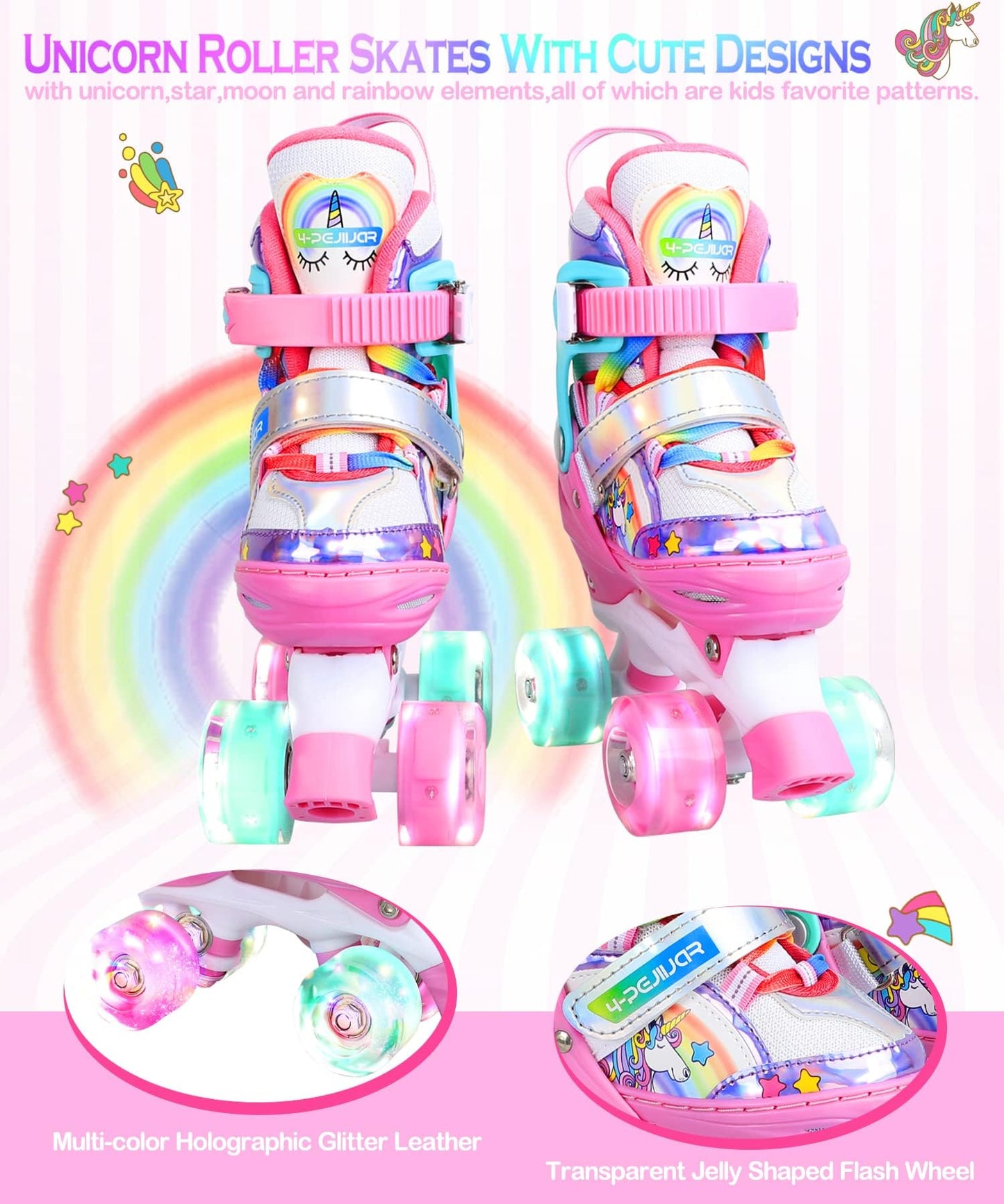 Patins à roulettes Licorne Enfants Rollers Quad Réglable Patins à roulettes Lumineux Taille Réglable pour Filles Garçons Débutants