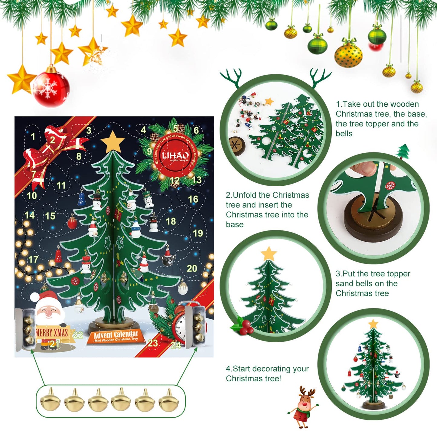 LIHAO Calendrier de l'Avent 2024, Mini Sapin de Noël en Bois pour Decorations Noel Table Cadeaux Enfants