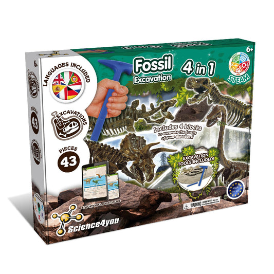 Science4you - Kit de Fouille de Fossiles 4 en 1 pour Enfants 5 6 7 8 9 10 Ans - Excaver et Assembler 4 Dinosaures: T-Rex, Triceratops, Velociraptor et Stegosaurus - Jouet Idéal pour Filles et Garçons