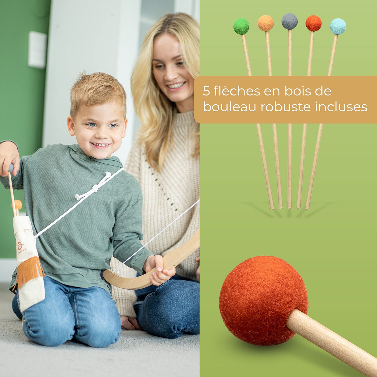 BOWRILLA® Arc et Fleches Enfant en Bois avec 5 Flèches, 4 Cibles et 1 Carquois | 3 LB Tir à l'arc pour Enfant (Intérieur et D'Extérieur) à Partir de 3 Ans | Convient aux Droitiers et aux Gauchers