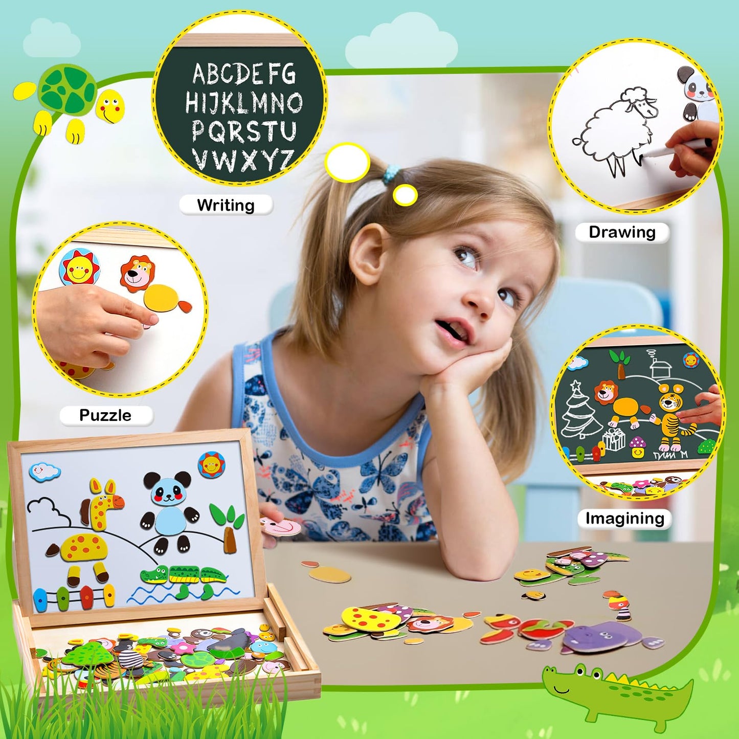 Uping Puzzles en Bois Magnétique 100 Pièces, Tableau Double Face Aimanté, Planche à Dessin Stylos Colorés Craies, Jouet Educatif Enfant 3 Ans Plus