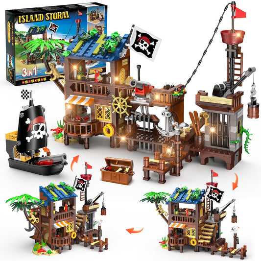 HOGOKIDS Pirate Bateau Maison Construction Ensemble avec LED lumière – 781 PCS Médiéval Pirate Quai Construction STEM D'architecture Briques Kit pour Enfants Garçons Filles Agés 6-12+