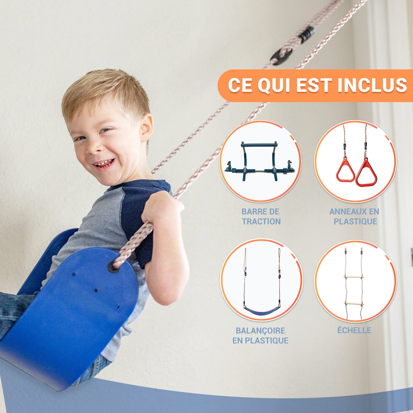 Gym1 – Salle de Sport intérieure de Luxe pour Aire de Jeux pour Enfants, balançoire de Porte Bleue pour Enfants, Anneaux en Plastique, échelle d'escalade et Barre de Traction 4 pièces