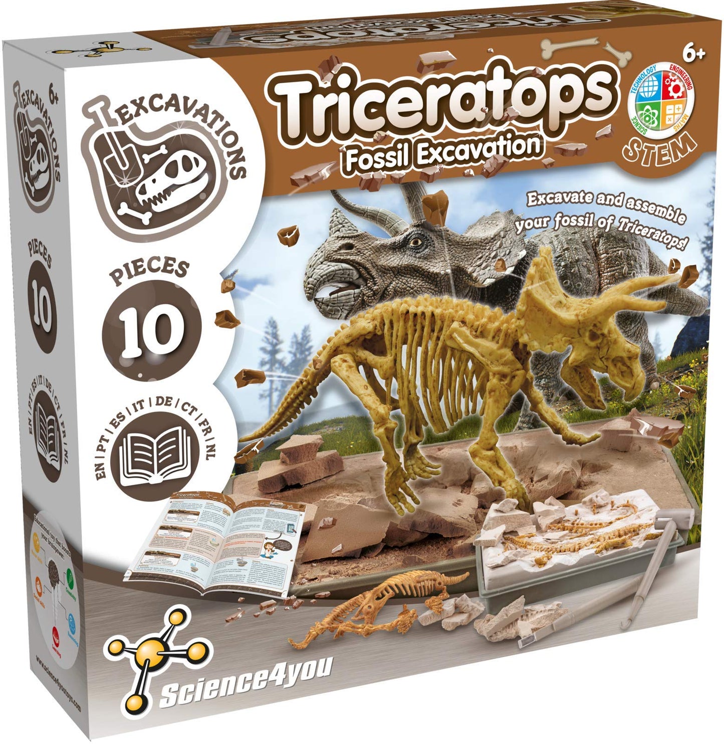 Science4you Triceratops, Kit de Fouille pour Enfants +6 Ans - Excaver et Assembler 10 Fossiles de Dinosaure. Jeux de Paléontologie et Archeologie, Jouet et Cadeau pour Enfants 6 7 8 9 10+ Ans
