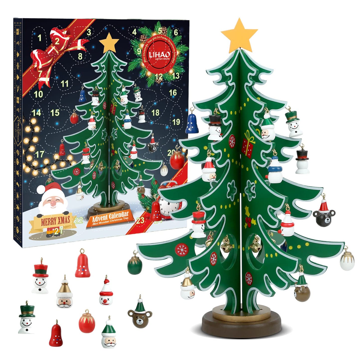 LIHAO Calendrier de l'Avent 2024, Mini Sapin de Noël en Bois pour Decorations Noel Table Cadeaux Enfants