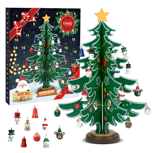 LIHAO Calendrier de l'Avent 2024, Mini Sapin de Noël en Bois pour Decorations Noel Table Cadeaux Enfants