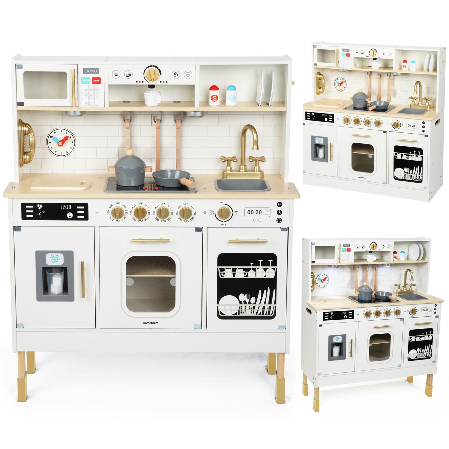 Mamabrum Cuisine Enfant en Bois avec Éclairage LED, Cuisine Jouet Interactive XXL avec Micro-Ondes, Lave-Vaisselle, Machine à Café, Four, Évier, Robinet et Accessoires