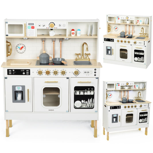 Mamabrum Cuisine Enfant en Bois avec Éclairage LED, Cuisine Jouet Interactive XXL avec Micro-Ondes, Lave-Vaisselle, Machine à Café, Four, Évier, Robinet et Accessoires