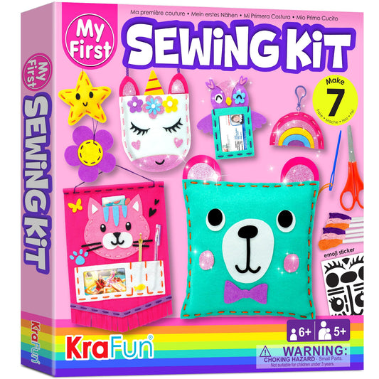 KRAFUN Mon Premier kit de Couture pour Enfants - Arts et Artisanat pour débutants - Comprend 6 projets faciles - Poupées et oreillers - Instructions et Feutre pour Apprendre à Coudre, à Broder