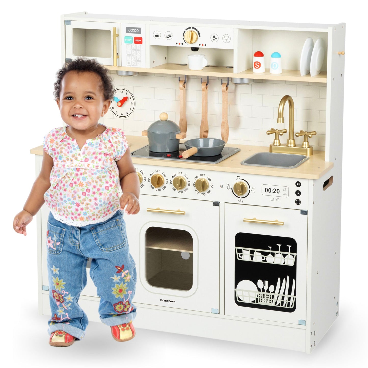 Mamabrum Cuisine Enfant en Bois avec Éclairage LED, Cuisine Jouet Interactive XXL avec Micro-Ondes, Lave-Vaisselle, Machine à Café, Four, Évier, Robinet et Accessoires