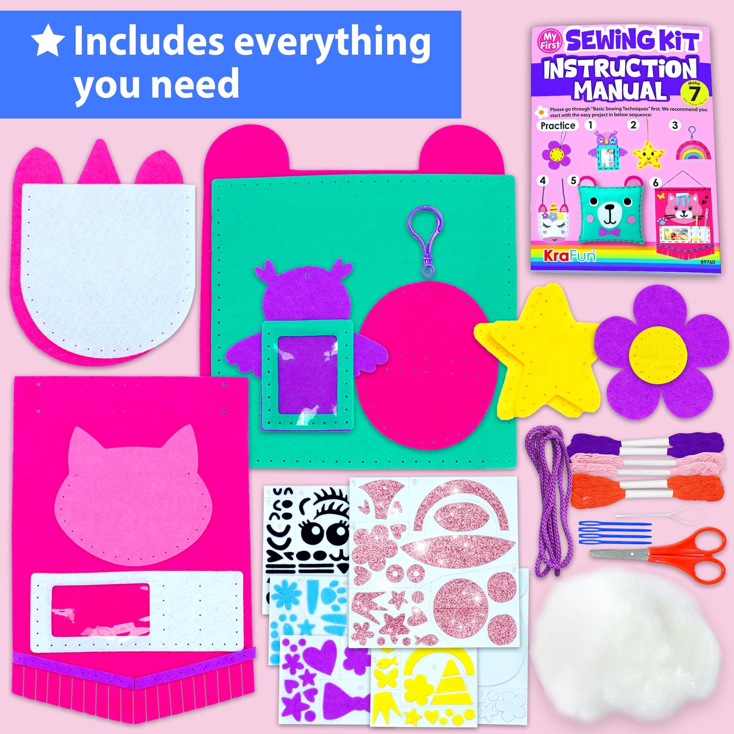 KRAFUN Mon Premier kit de Couture pour Enfants - Arts et Artisanat pour débutants - Comprend 6 projets faciles - Poupées et oreillers - Instructions et Feutre pour Apprendre à Coudre, à Broder