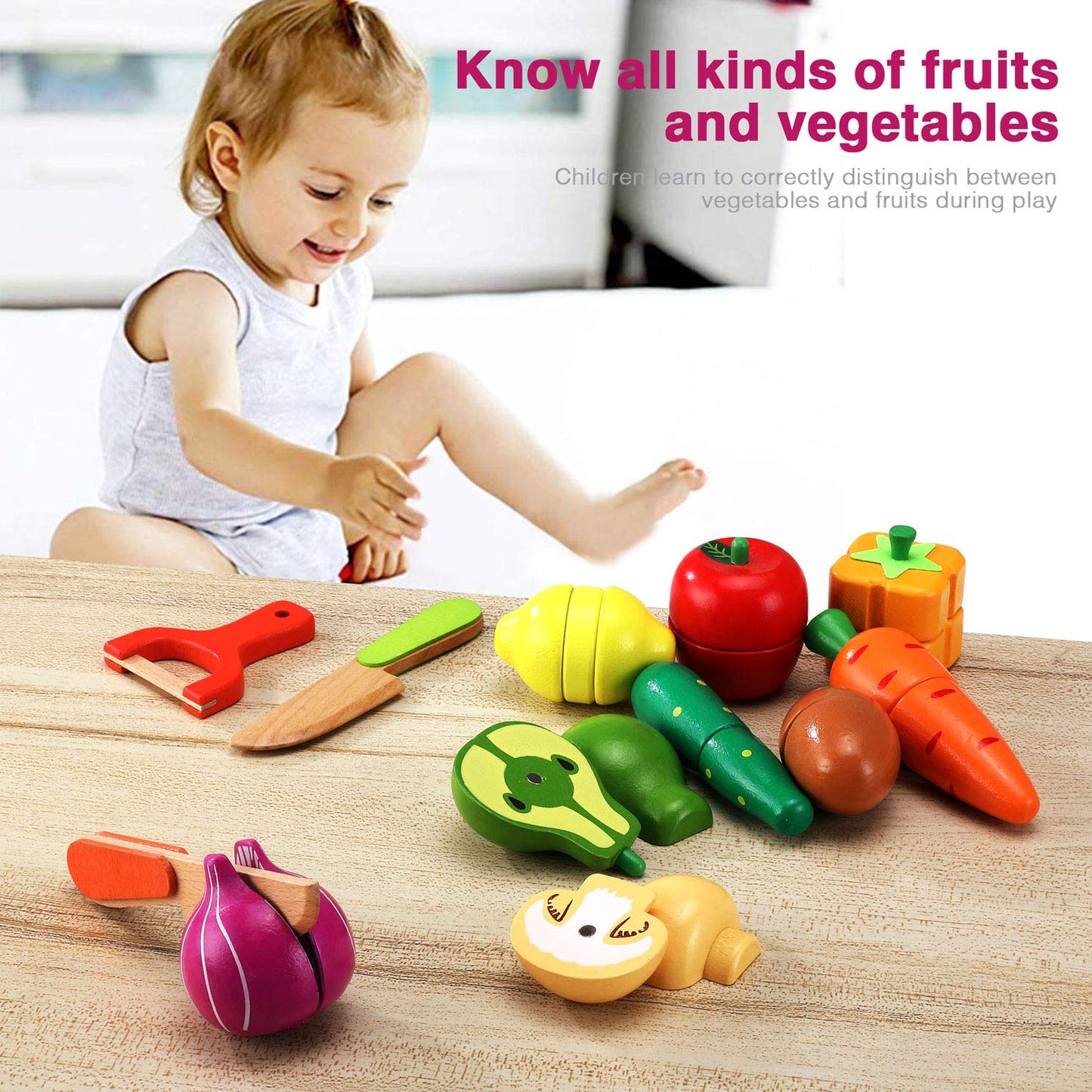 CARLORBO Jouet en Bois Montessori Cuisine en Bois Nourriture pour Enfants - Aliments Bois Fruit et Légumes Jouets, Jouets Enfants Cadeau