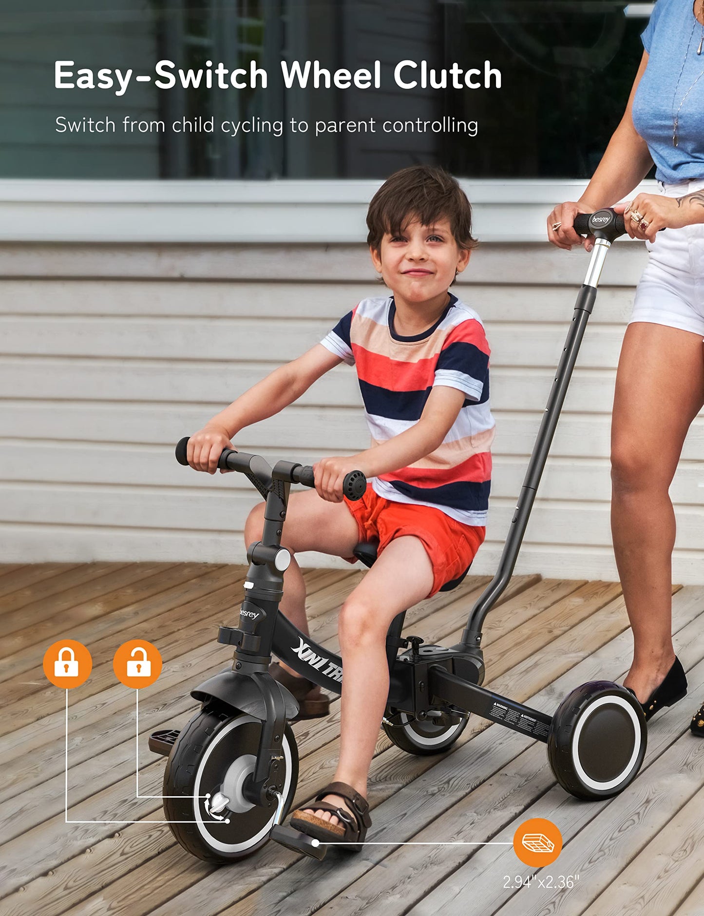 besrey Tricycle 7 en 1 pour Tout-Petits avec poignée de Direction pour 1 à 5 Ans, Tricycle Pliable pour Enfants,Vélo Draisienne,Vélo sans Pédale,Noir