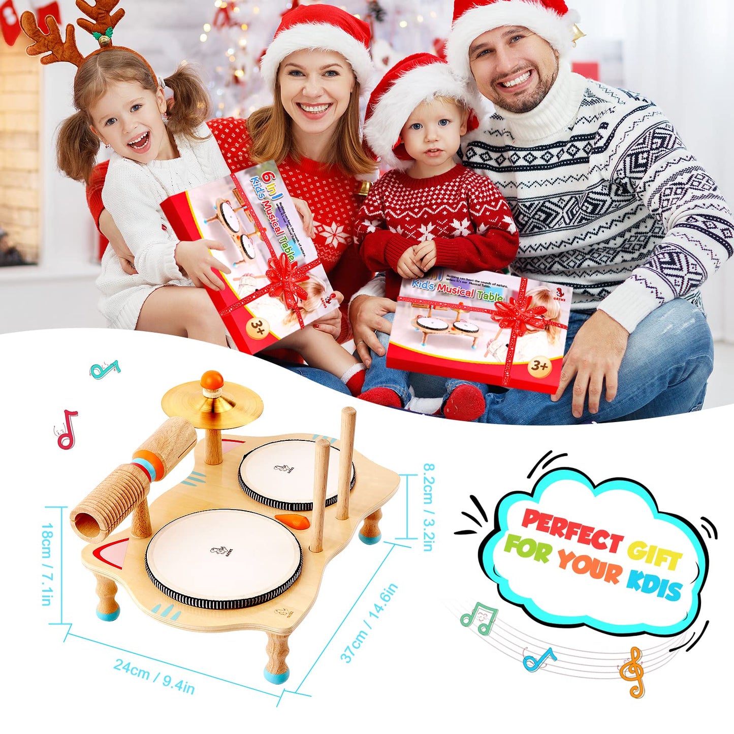 Jouet musical en bois Batterie pour enfants Instruments de musique 6 en 1 Jouets pour bébés Instruments de percussion 3-5 ans Garçons et filles Cadeau d'anniversaire Jouets d'apprentissage pour enfant