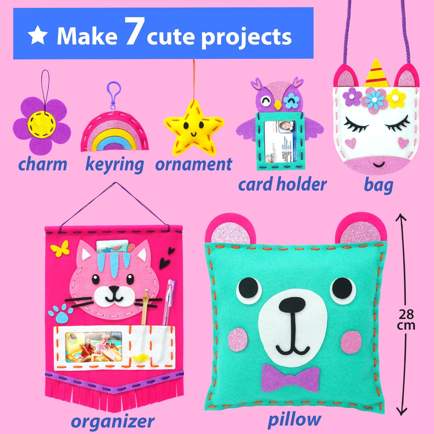KRAFUN Mon Premier kit de Couture pour Enfants - Arts et Artisanat pour débutants - Comprend 6 projets faciles - Poupées et oreillers - Instructions et Feutre pour Apprendre à Coudre, à Broder