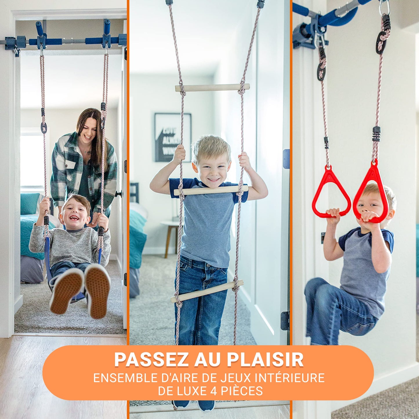 Gym1 – Salle de Sport intérieure de Luxe pour Aire de Jeux pour Enfants, balançoire de Porte Bleue pour Enfants, Anneaux en Plastique, échelle d'escalade et Barre de Traction 4 pièces