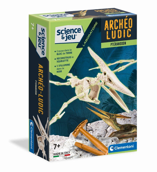 Clementoni- Science & Jeu : Archéo Ludic Pteranodon - Retrouve et Assemble les Fossils - Kit Archéologie pour Enfant - Squelette phosphorescent - Jeu Scientifique pour Enfant - Dès 7 ans - 52349
