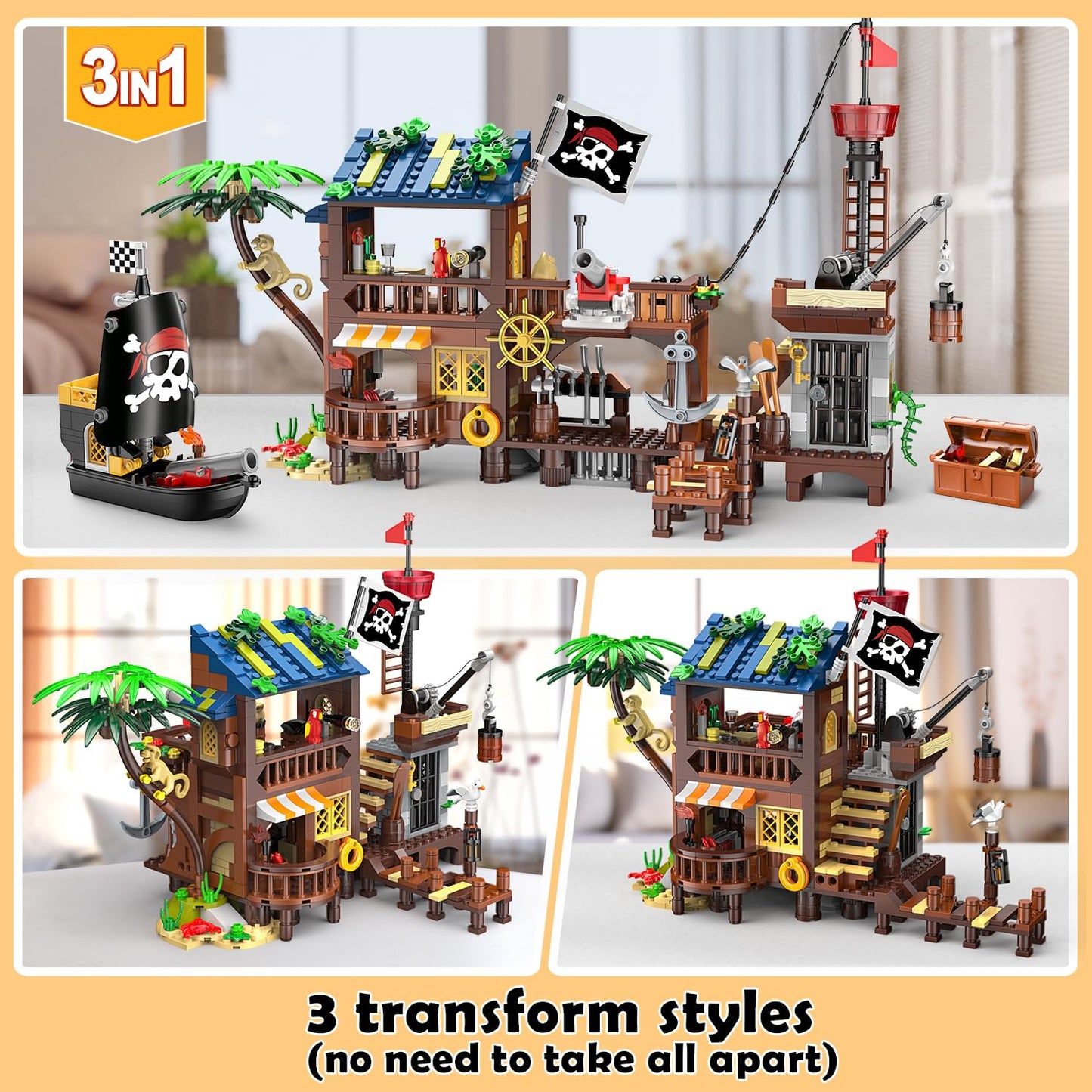 HOGOKIDS Pirate Bateau Maison Construction Ensemble avec LED lumière – 781 PCS Médiéval Pirate Quai Construction STEM D'architecture Briques Kit pour Enfants Garçons Filles Agés 6-12+