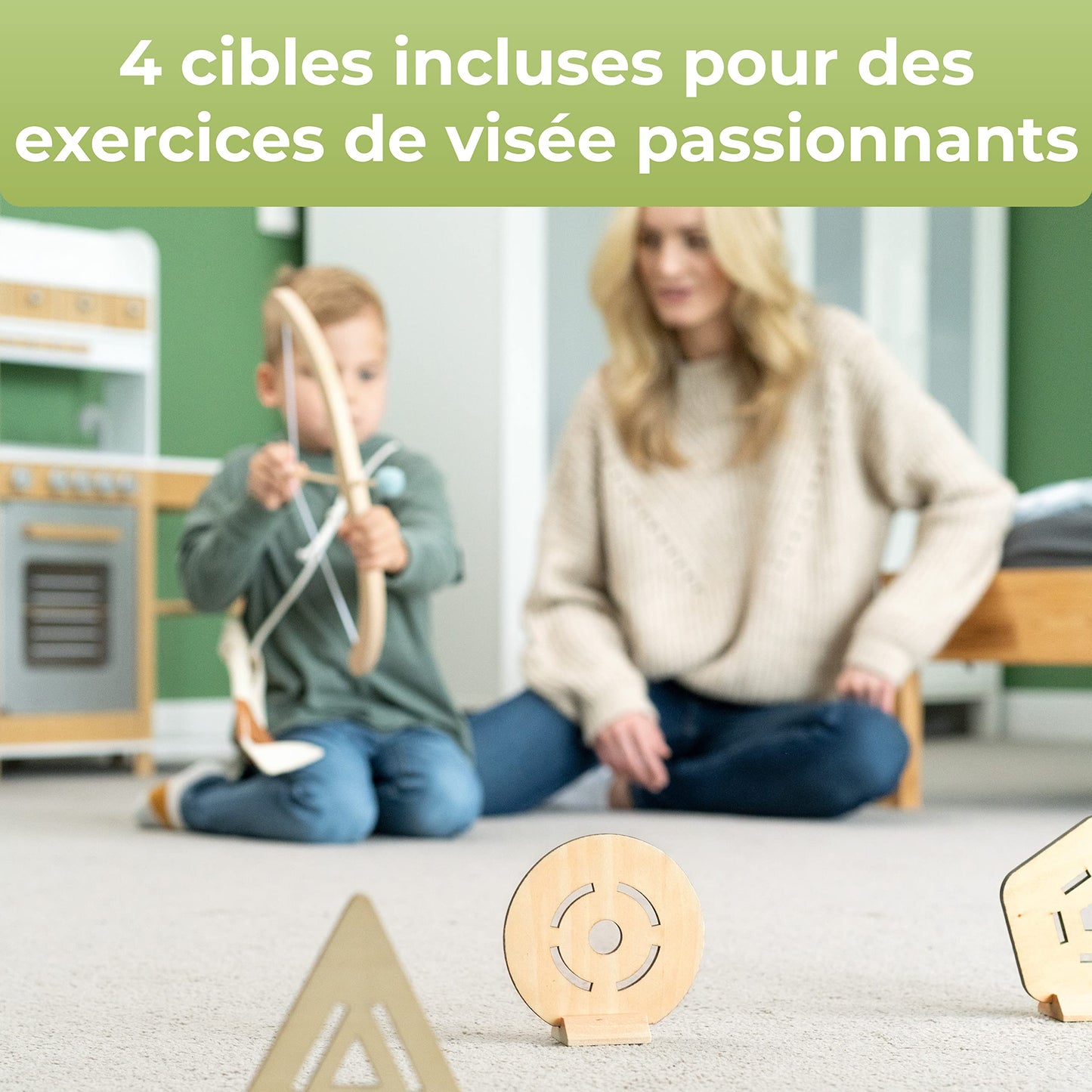 BOWRILLA® Arc et Fleches Enfant en Bois avec 5 Flèches, 4 Cibles et 1 Carquois | 3 LB Tir à l'arc pour Enfant (Intérieur et D'Extérieur) à Partir de 3 Ans | Convient aux Droitiers et aux Gauchers