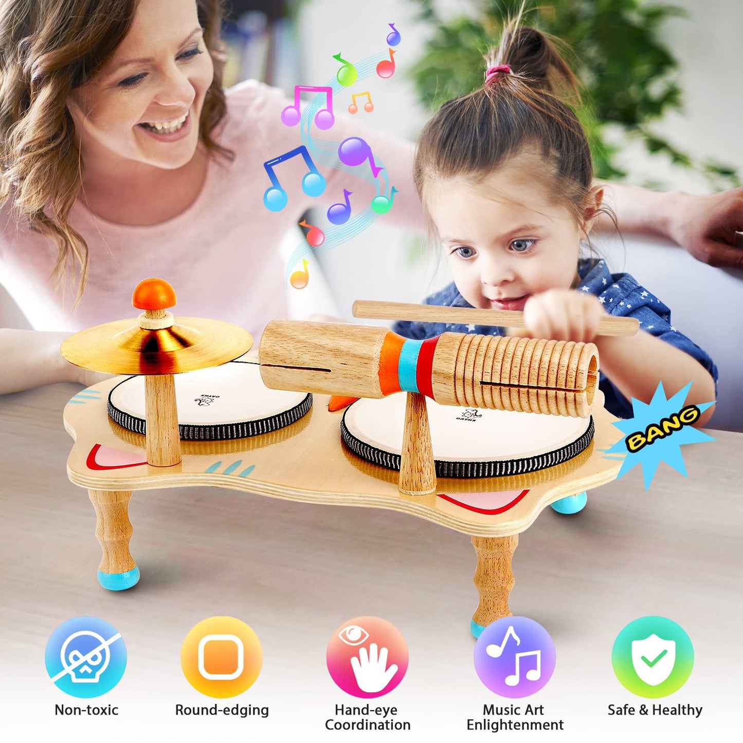 Jouet musical en bois Batterie pour enfants Instruments de musique 6 en 1 Jouets pour bébés Instruments de percussion 3-5 ans Garçons et filles Cadeau d'anniversaire Jouets d'apprentissage pour enfant