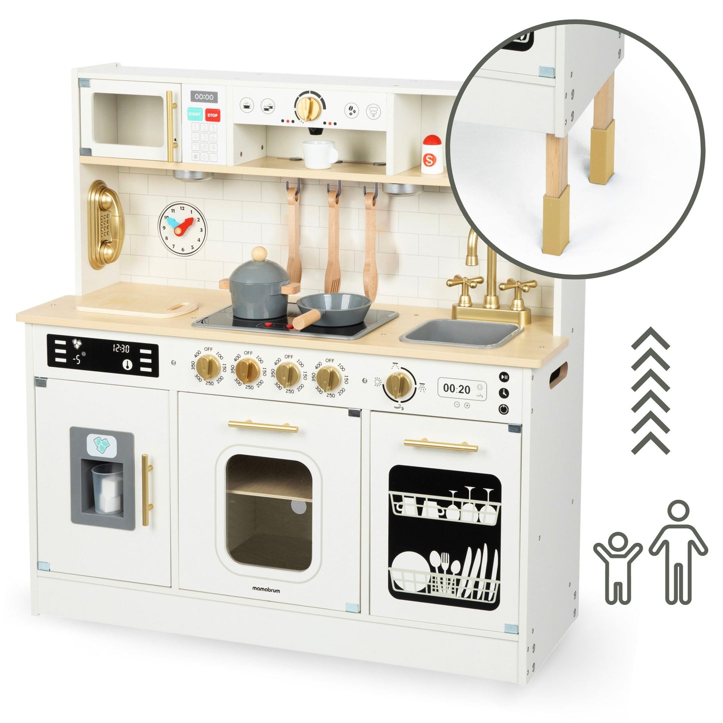 Mamabrum Cuisine Enfant en Bois avec Éclairage LED, Cuisine Jouet Interactive XXL avec Micro-Ondes, Lave-Vaisselle, Machine à Café, Four, Évier, Robinet et Accessoires