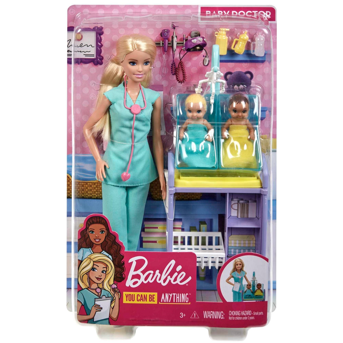 Barbie Métiers Coffret poupée Pédiatre Blonde avec Cabinet médical, Deux bébés et Accessoires, Jouet pour Enfant, GKH23