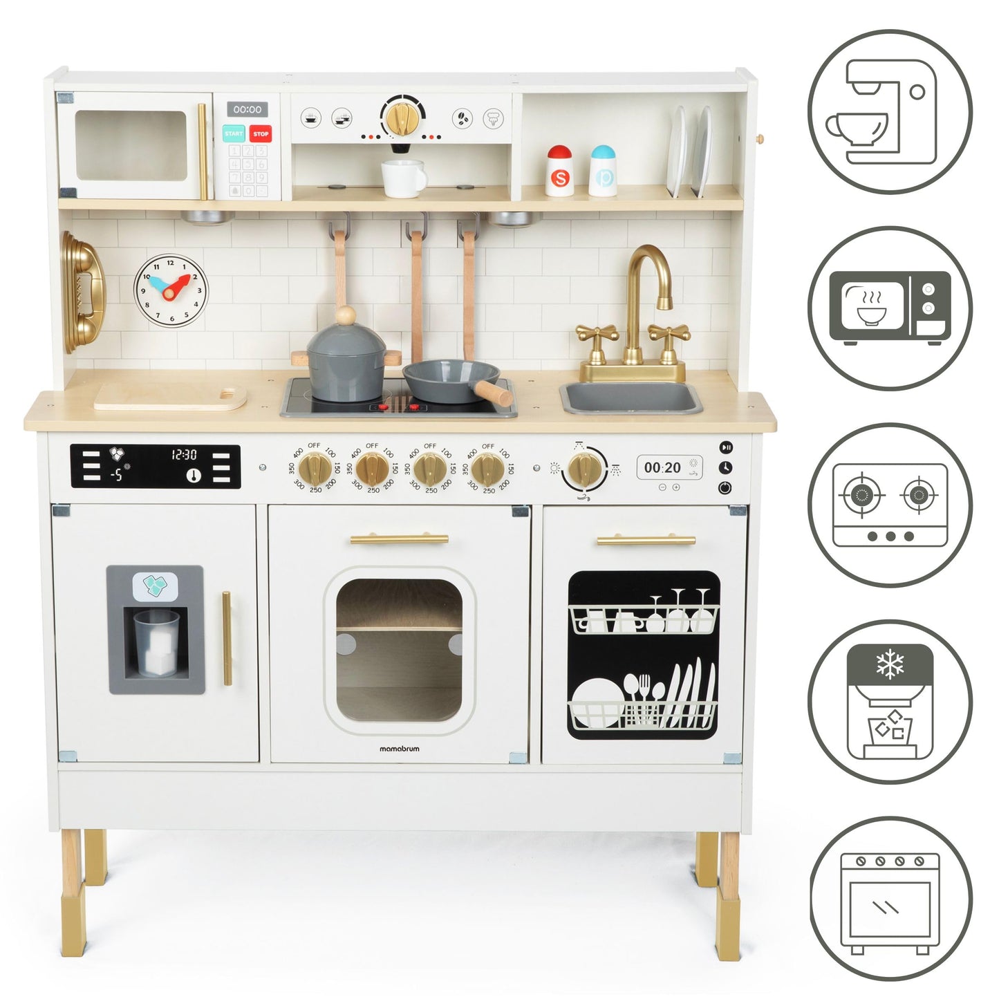 Mamabrum Cuisine Enfant en Bois avec Éclairage LED, Cuisine Jouet Interactive XXL avec Micro-Ondes, Lave-Vaisselle, Machine à Café, Four, Évier, Robinet et Accessoires