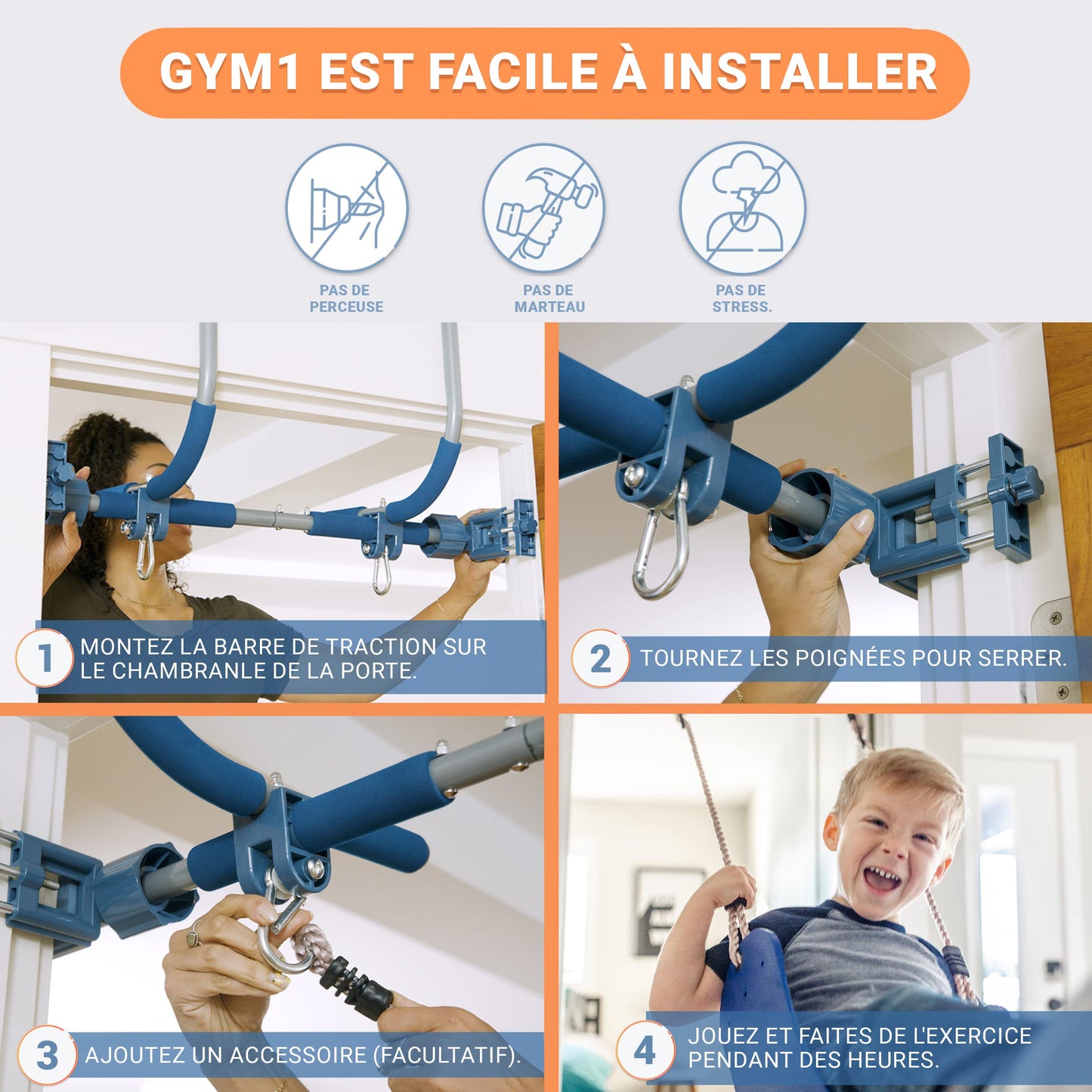 Gym1 – Salle de Sport intérieure de Luxe pour Aire de Jeux pour Enfants, balançoire de Porte Bleue pour Enfants, Anneaux en Plastique, échelle d'escalade et Barre de Traction 4 pièces